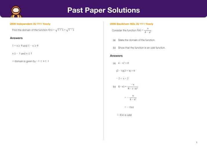 Past Paper Solutions for Functions