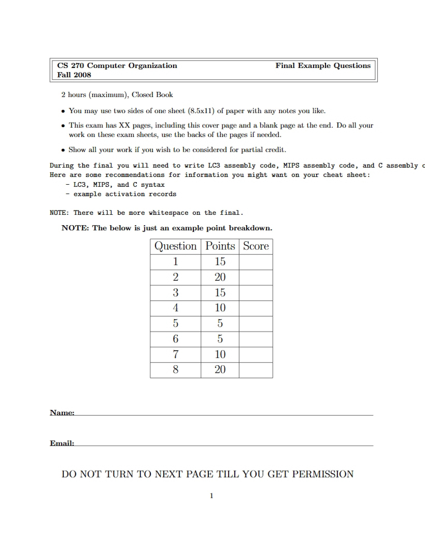 Final Exam Example Questions