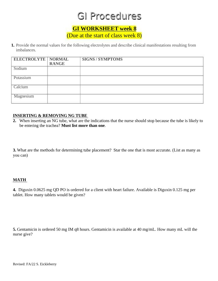 Week 8 GI Procedures Worksheet