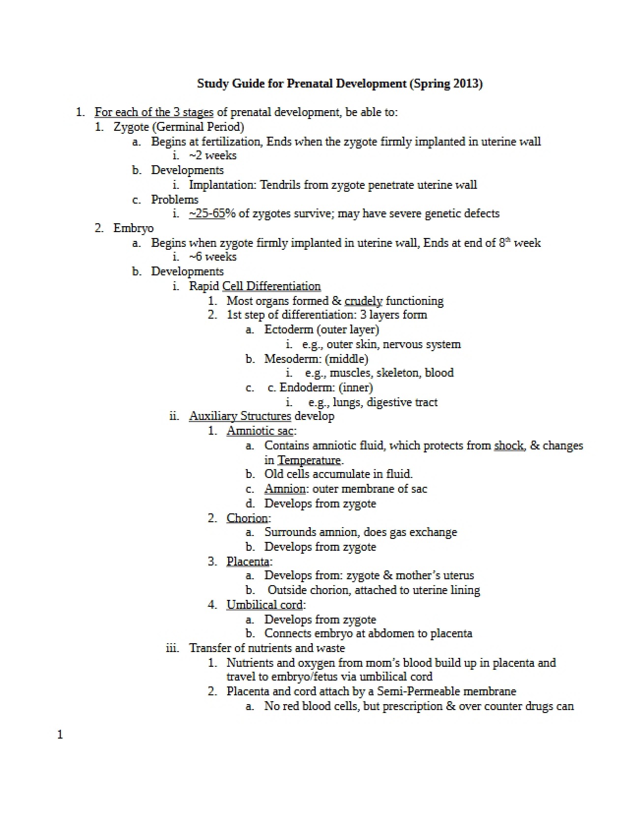Study Guide for Understanding Prenatal Development
