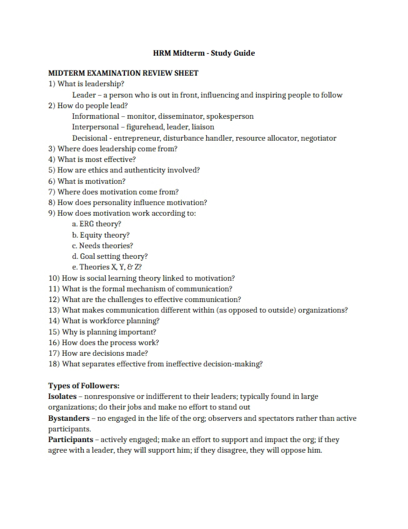 Study Guide for the HRM Midterm
