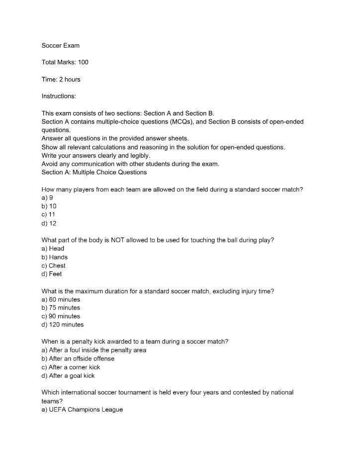 Soccer Exam - Rules, Strategies, and Techniques