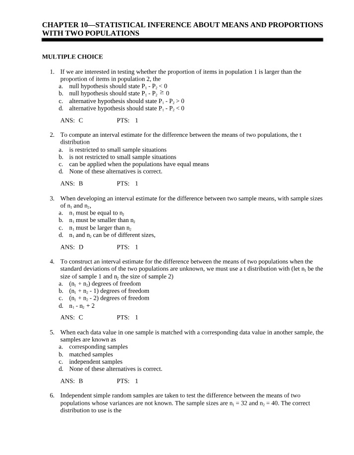 Statistical Inference for Two Populations (Means and Proportions)