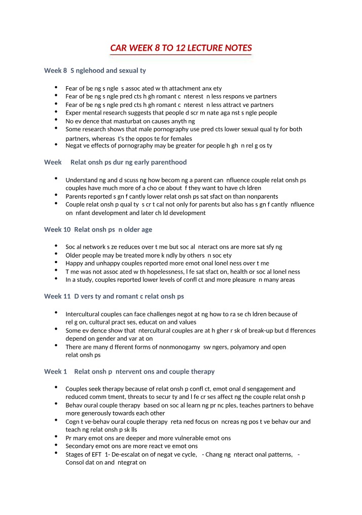 Weeks 8-12 Lecture Notes (CAR)