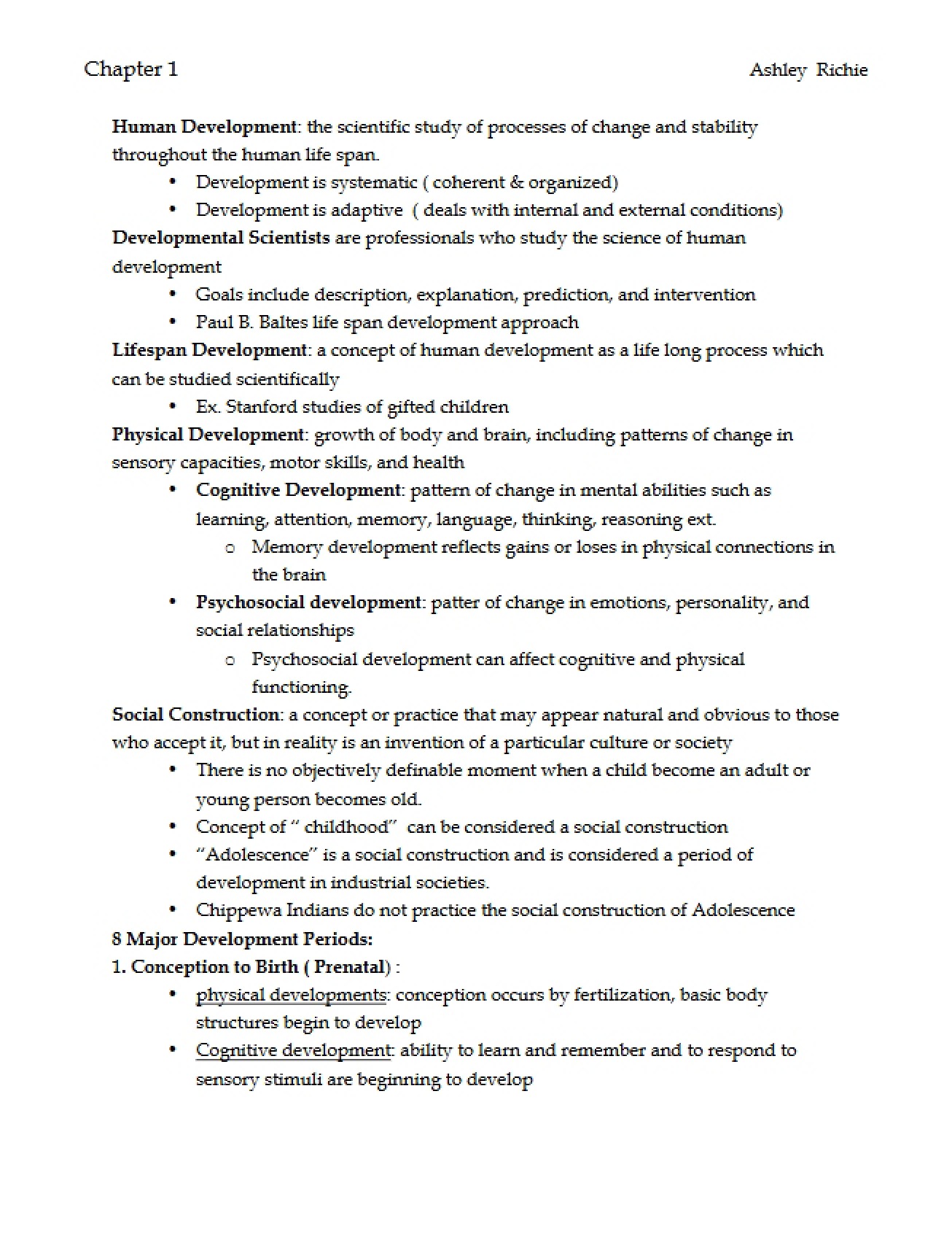 First Chapter Summary for Life Span Development