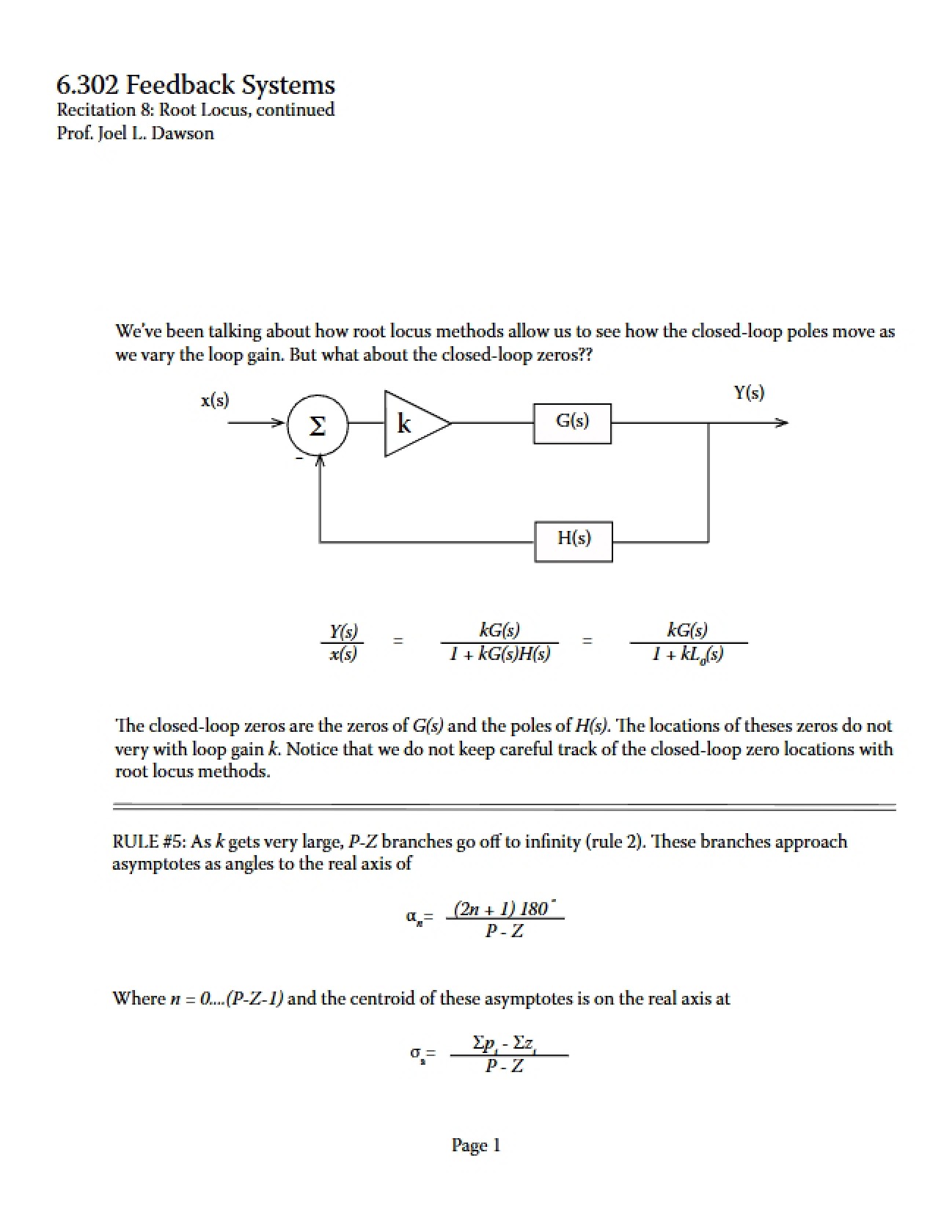 Root Locus Continued (Recitation 8)