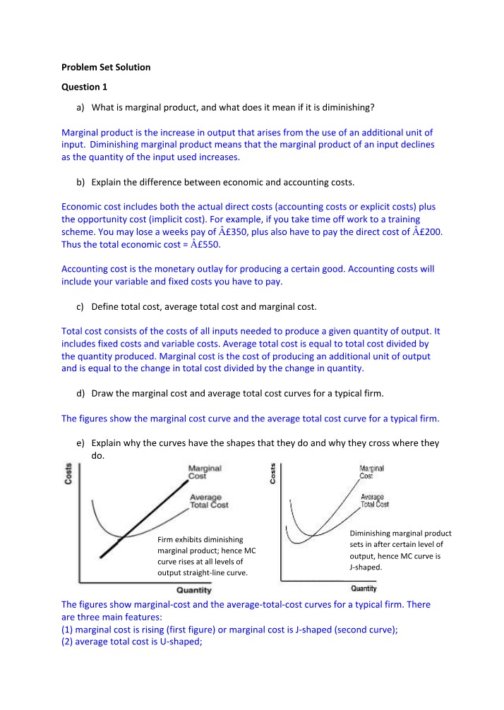 Marginal Product, Economic and Accounting Costs