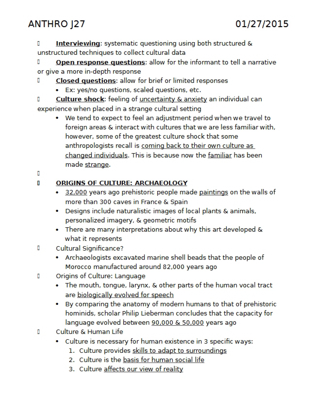 Notes from January 27th for Cultural Anthropology