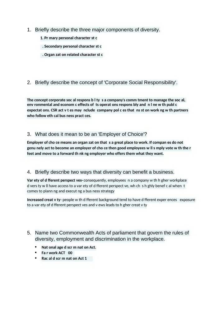BSBDIV501 Questions for Knowledge