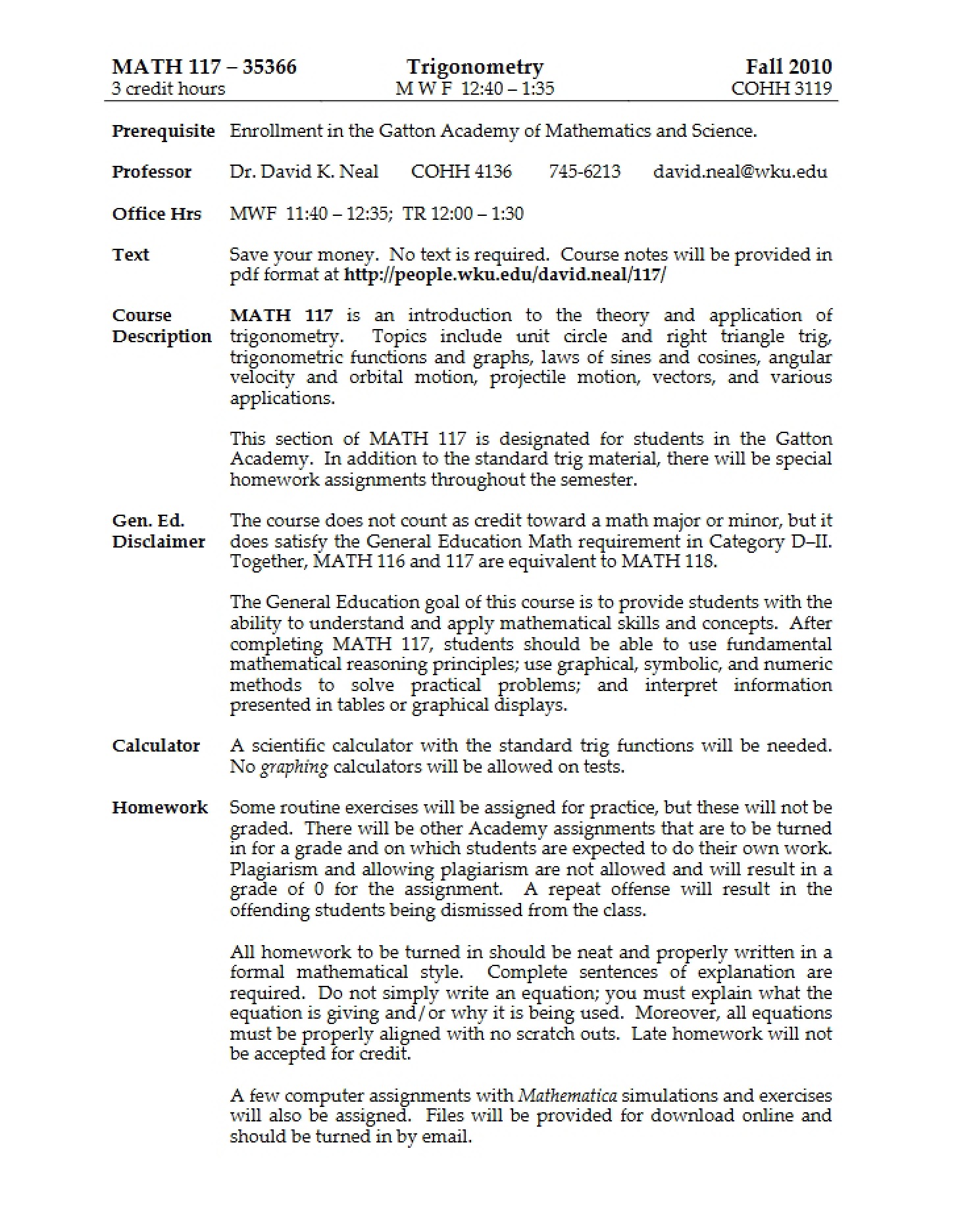 Trigonometry Course Syllabus