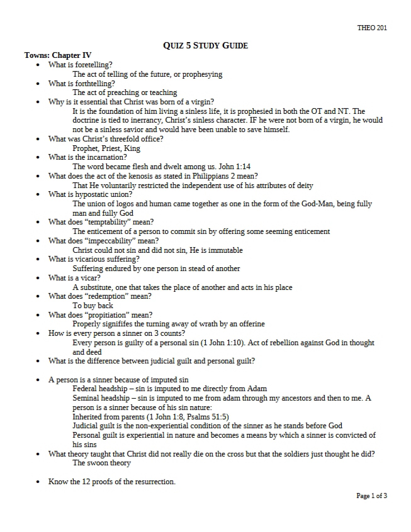Study Guide for the Fifth Theology Survey Quiz
