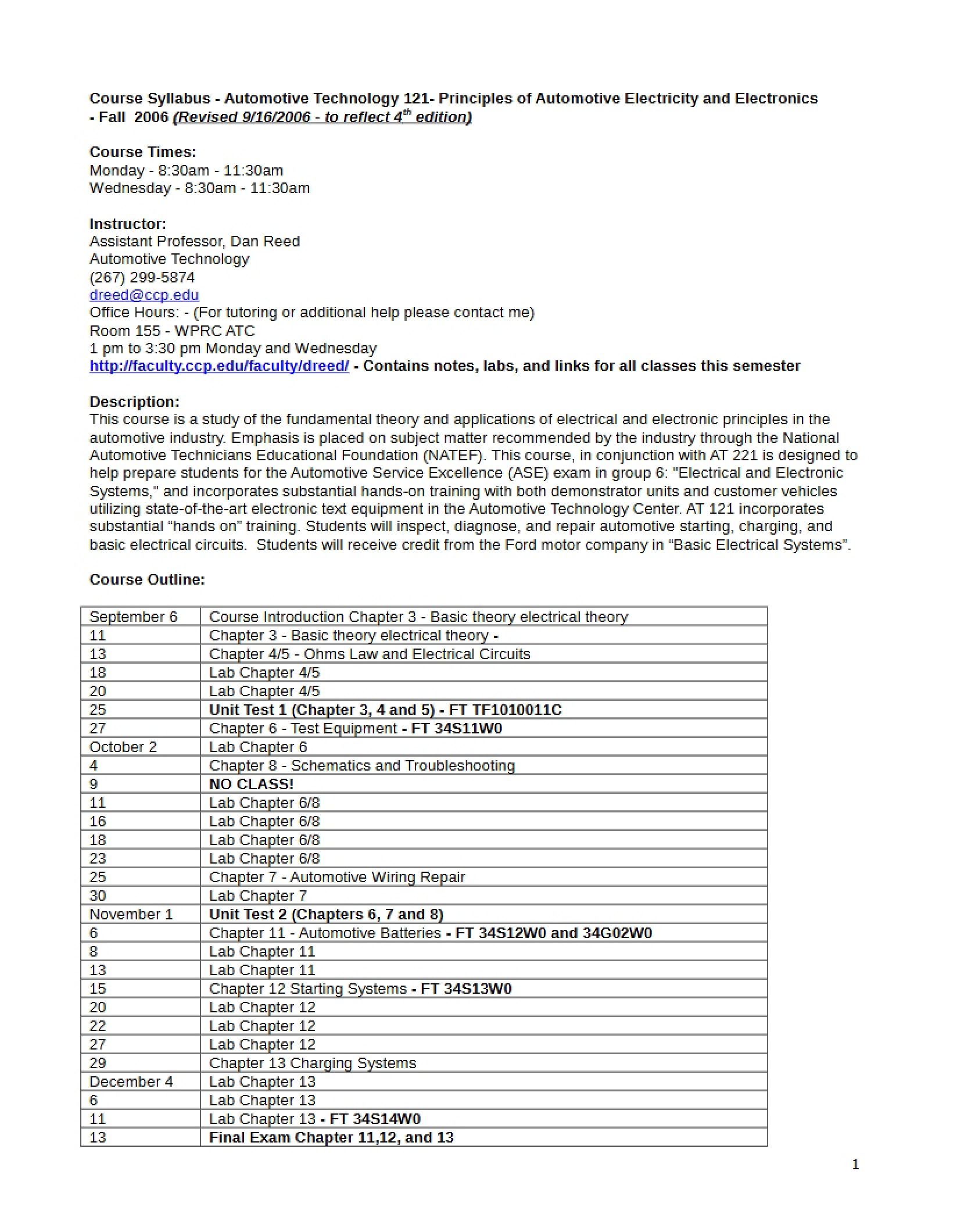 Syllabus Automotive Electricity Principles