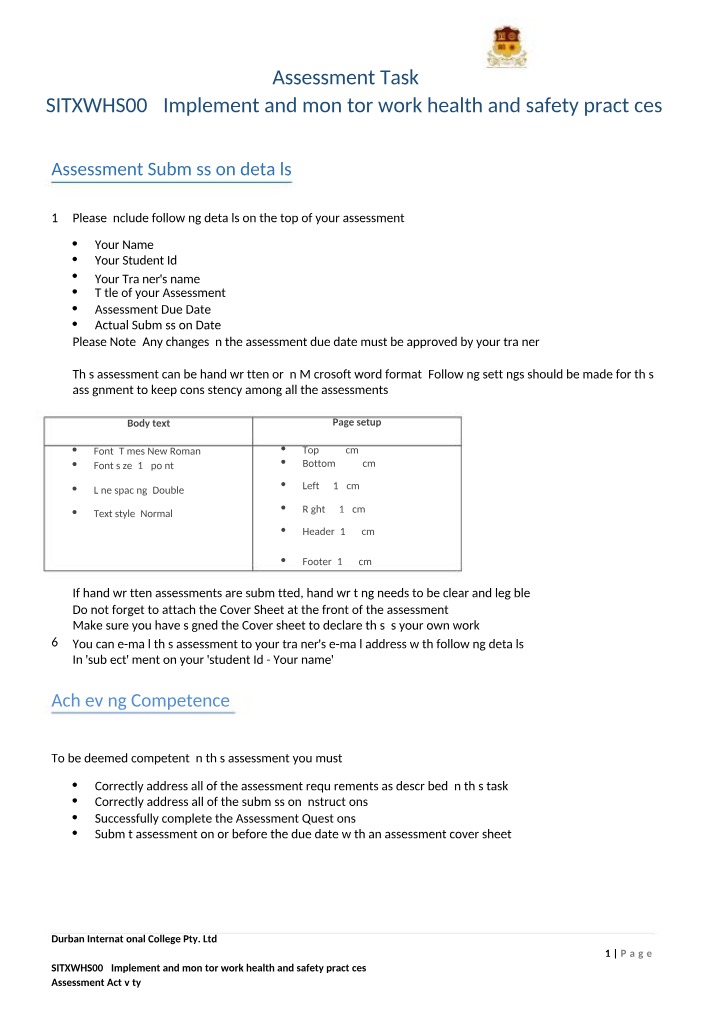 SITXWHS003 - Assessment Task 2