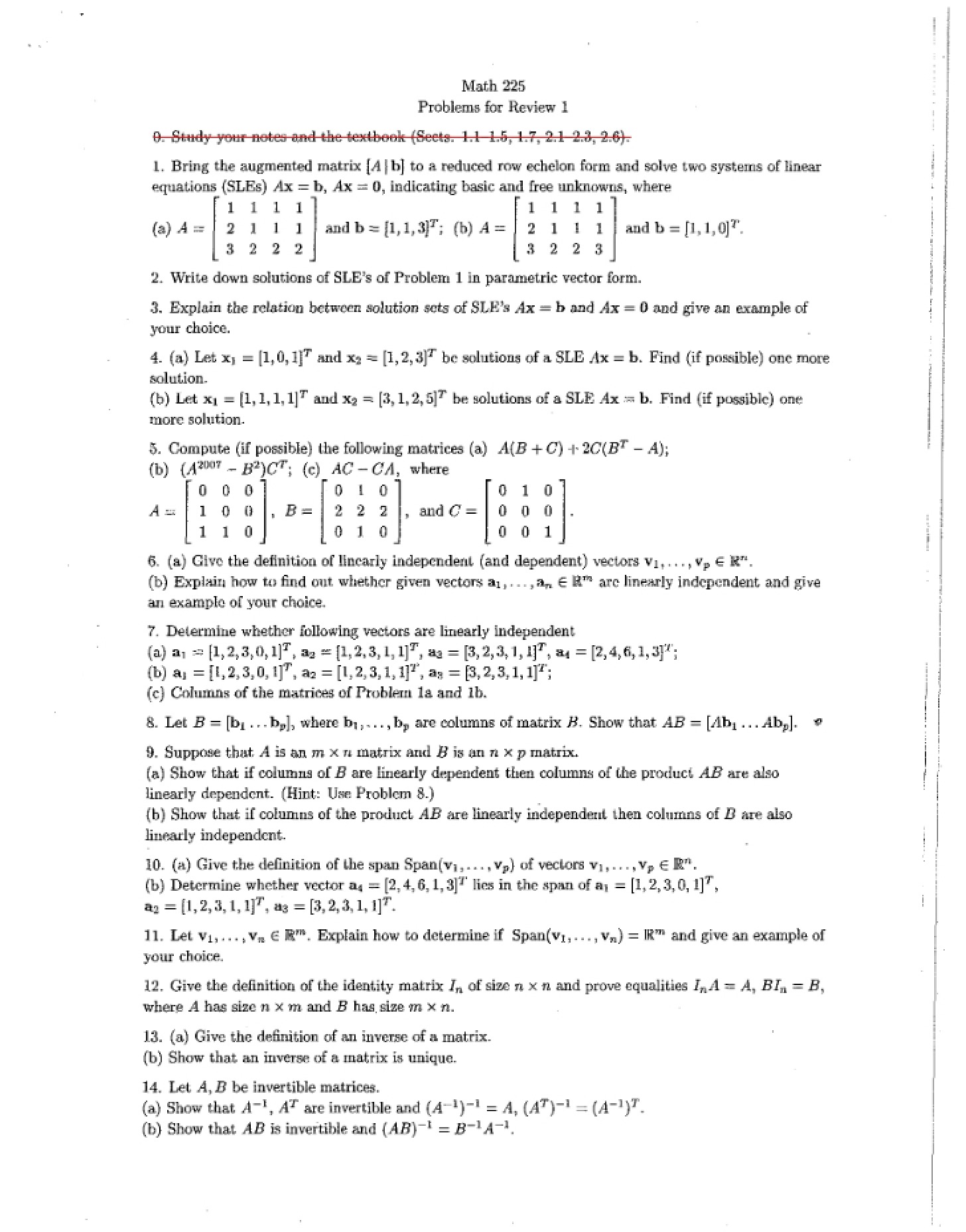 Revision Problems for Final