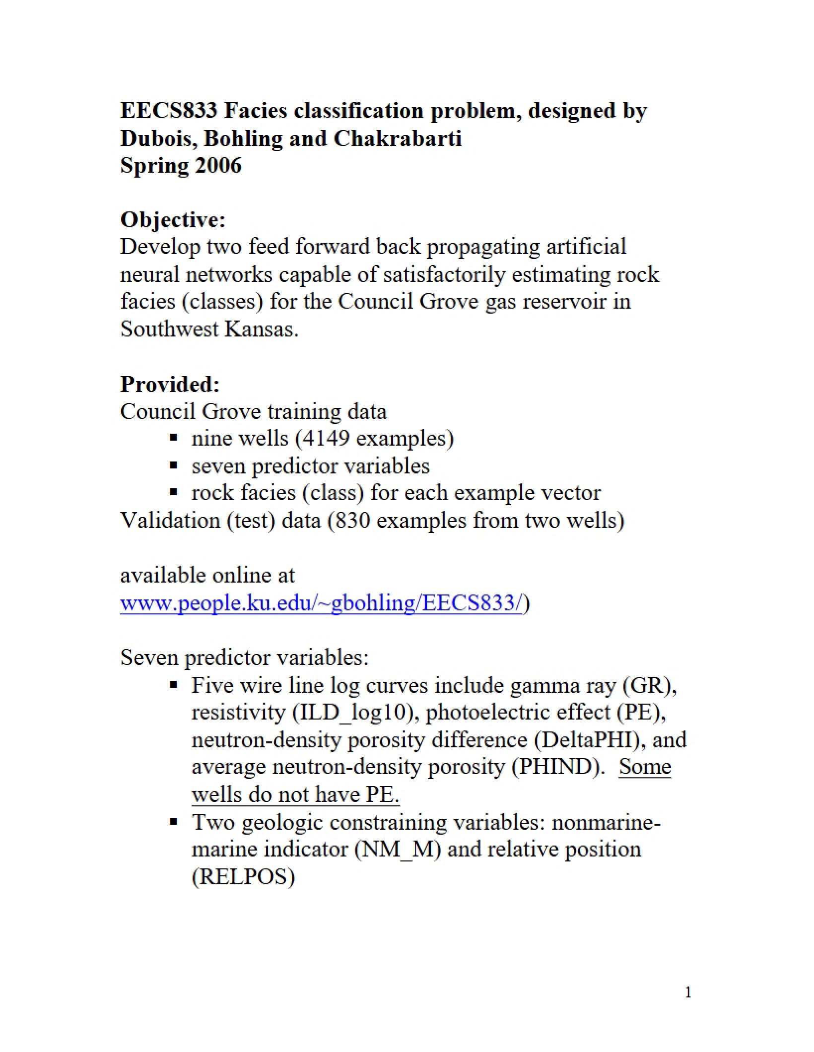 Classification Problem for Facies