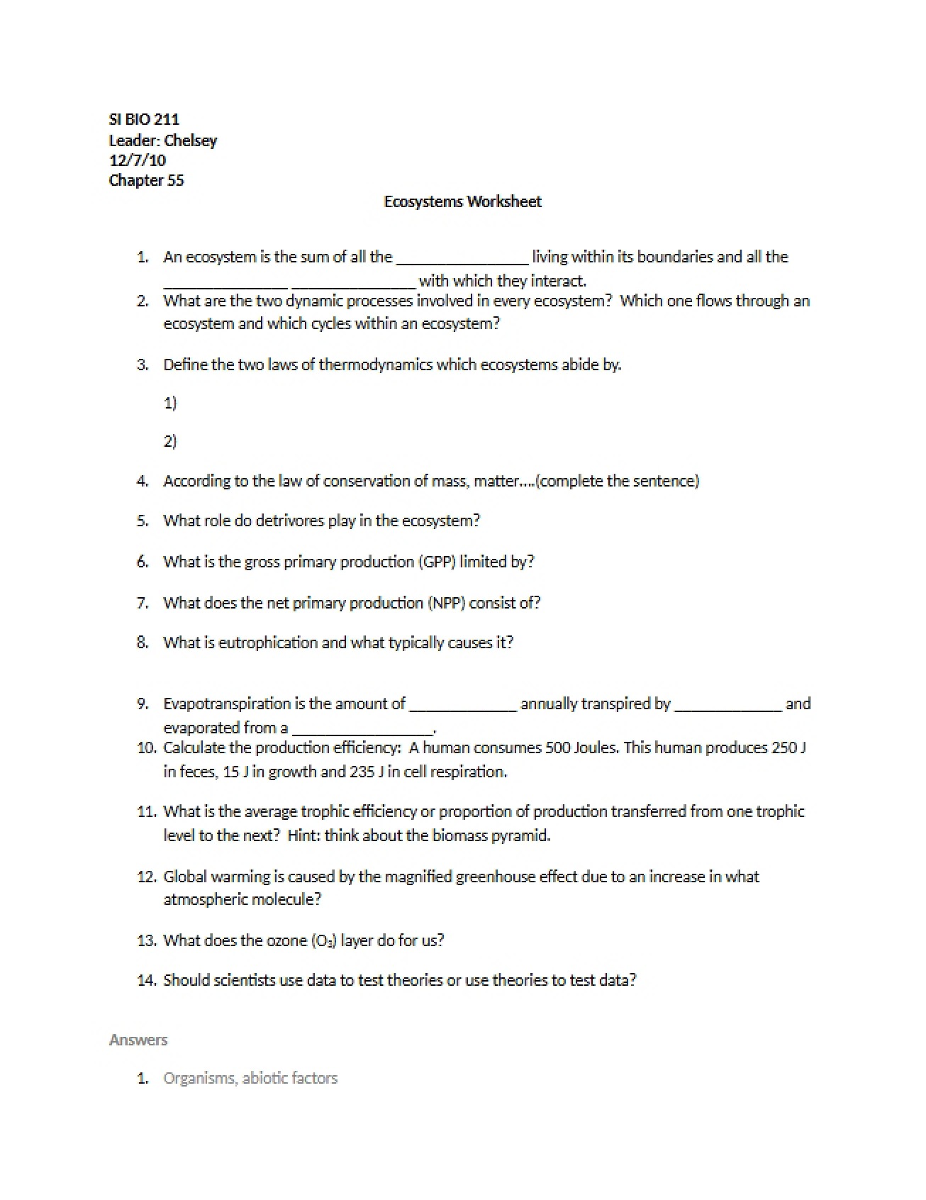 Worksheet on Ecosystems for Biology I