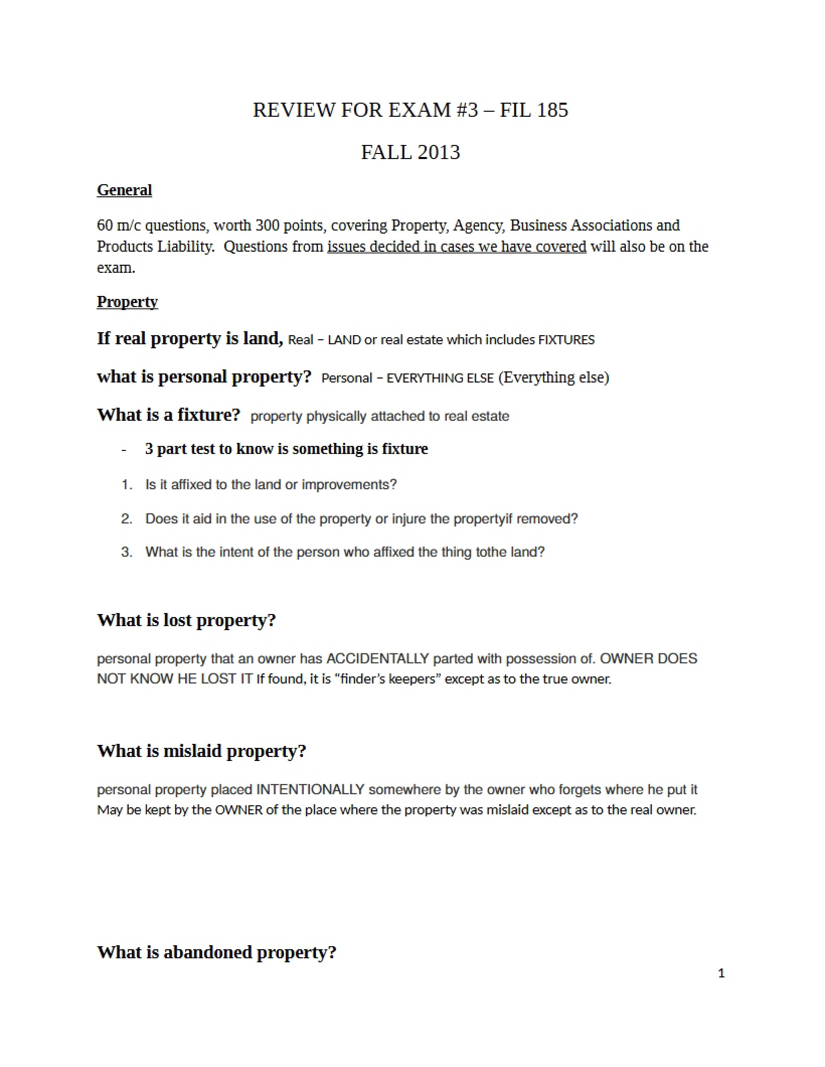 Review for Exam 3 (Fall 2013)