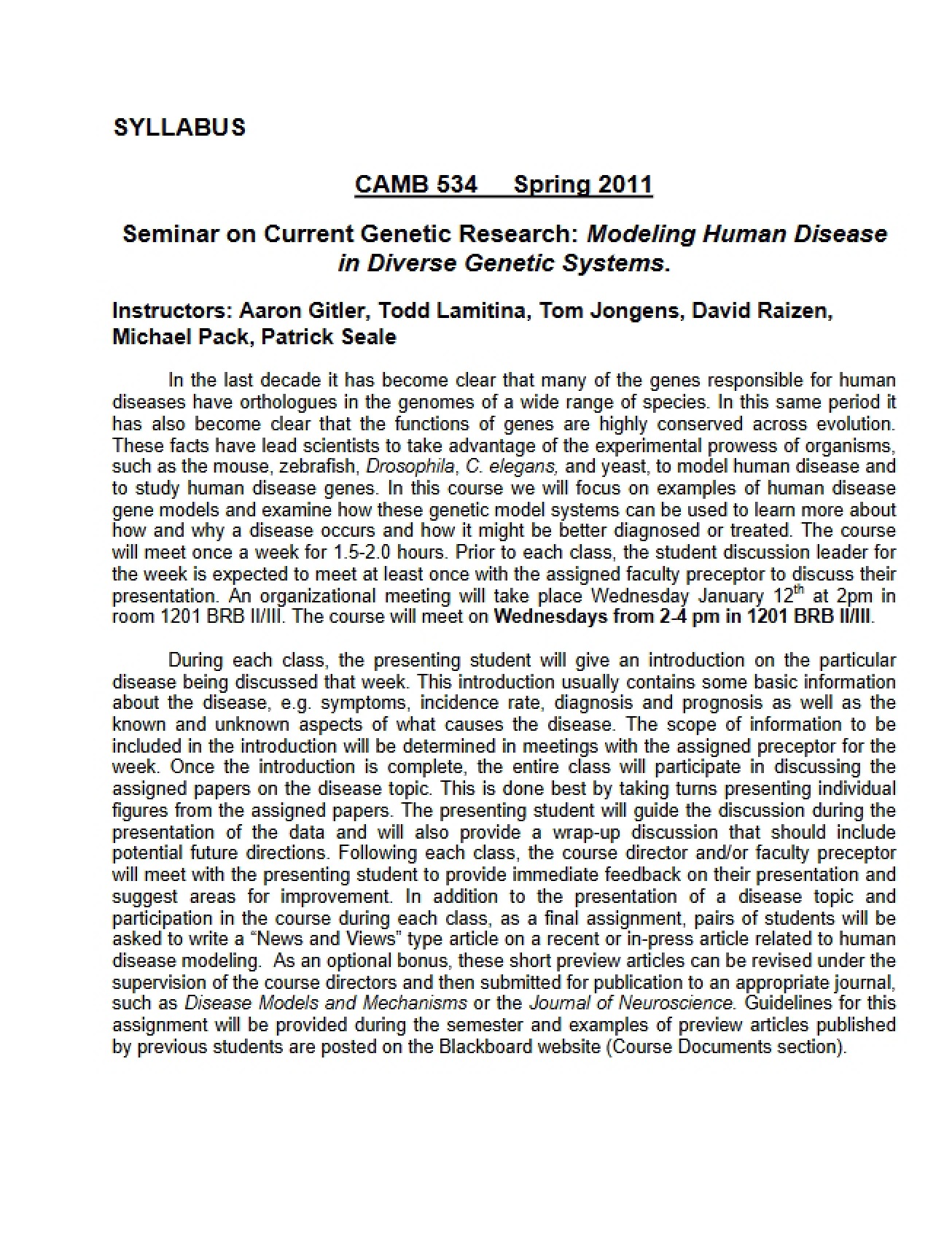 Modeling Human Disease in Genetic Systems Syllabus