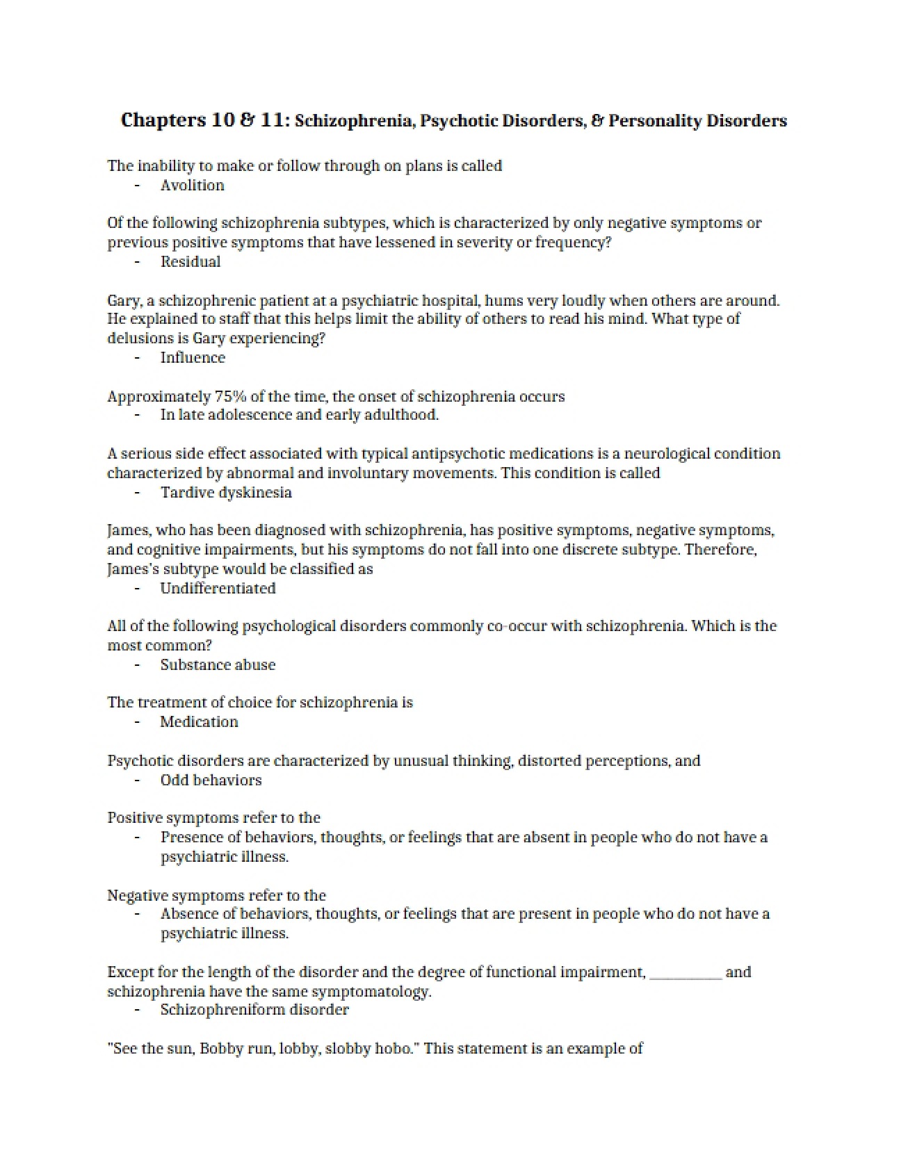 Schizophrenia Chapters Ten and Eleven