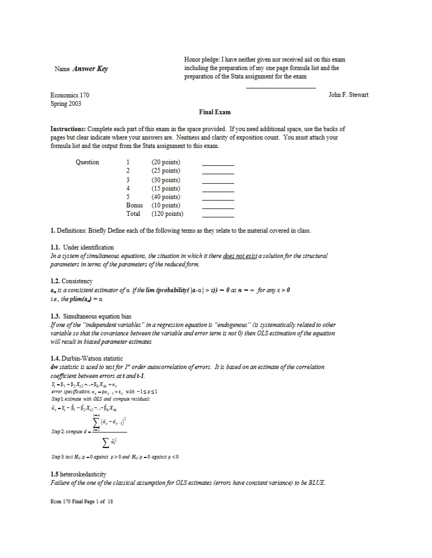Final Exam for Econ 170
