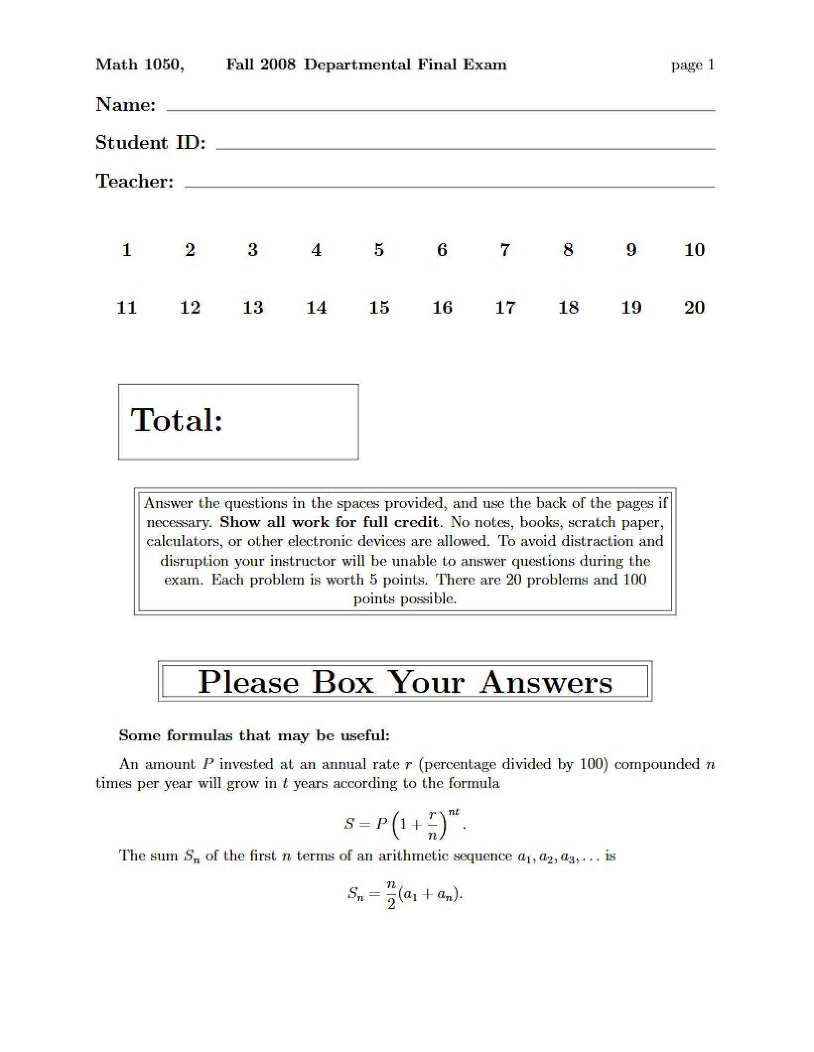 Final Assessment for Math 1050
