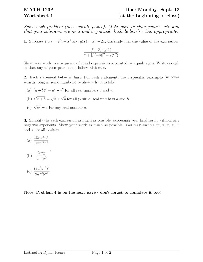 Worksheet 1 - MATH 120A