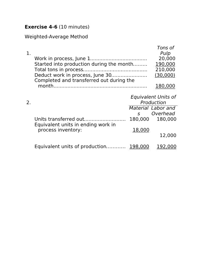 Equivalent Units of Production and Cost Exercises - Weighted-Average Method