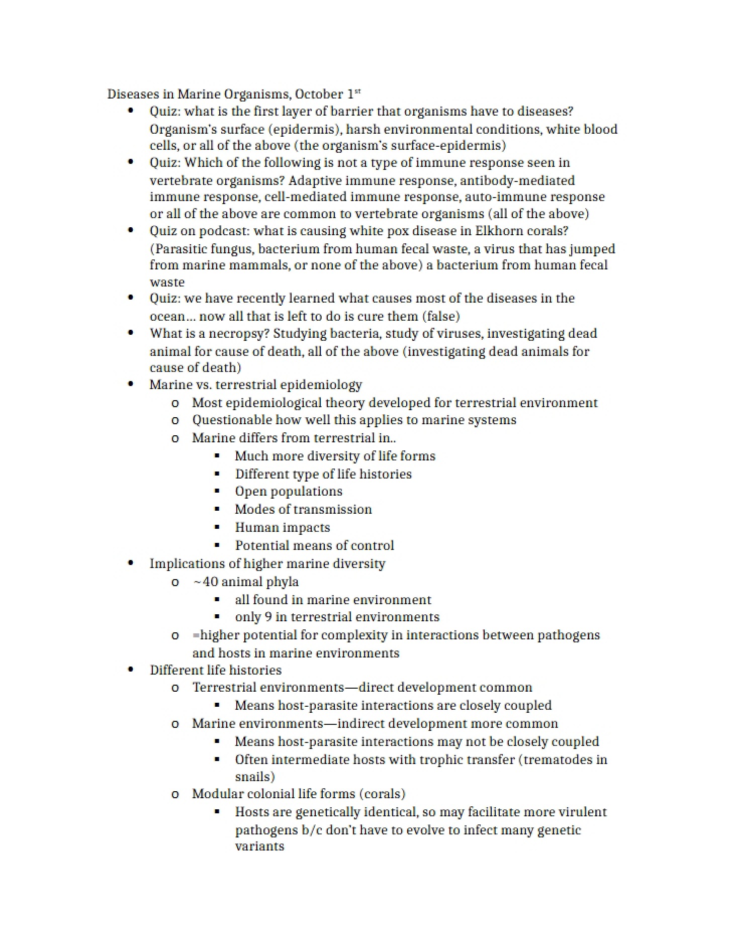 Exam 2 Topic Diseases in Marine Organisms