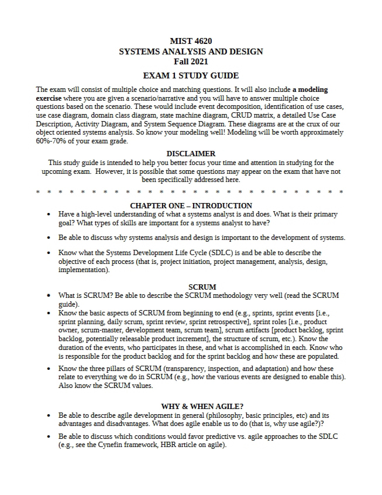 Study Guide for Exam 1, Fall 2021