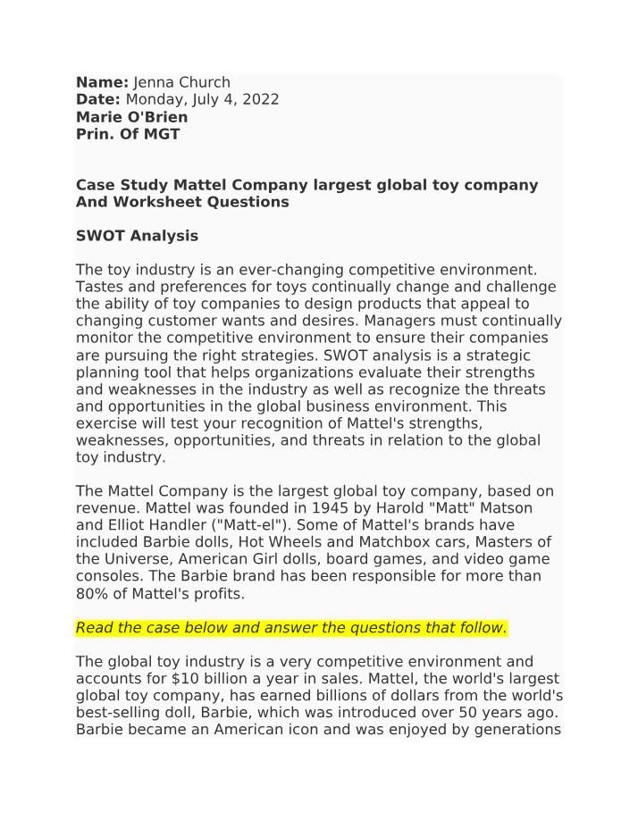 Case Study and Questions - Mattel Company in the Toy Industry