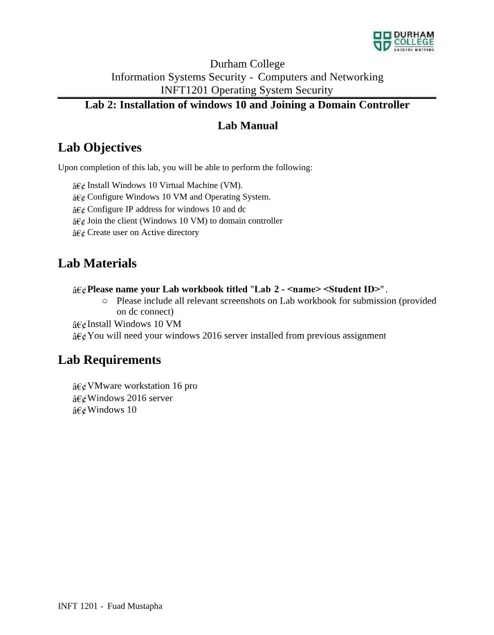 Windows 10 Installation and Joining a Domain Controller - Lab 2