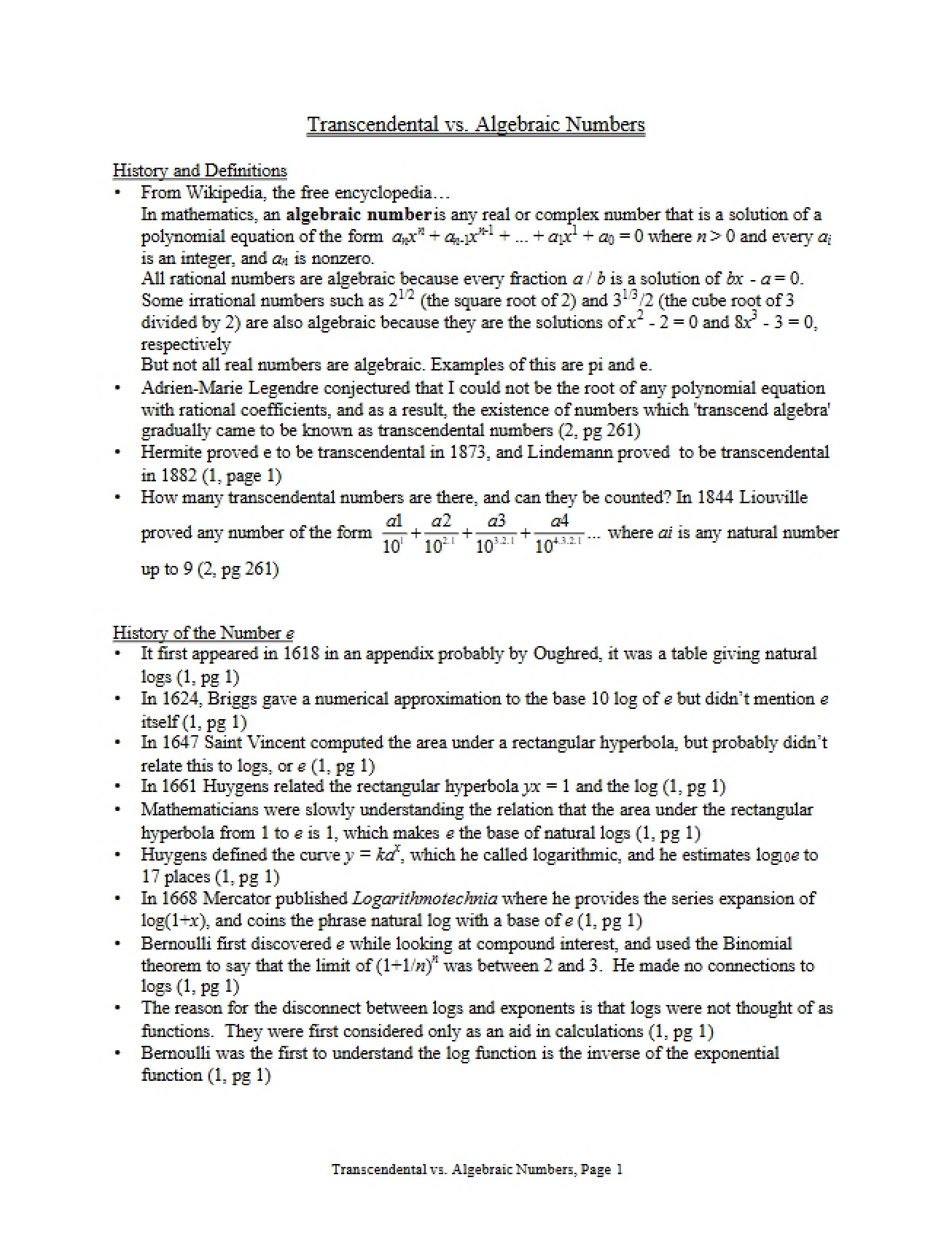 Algebraic vs. Transcendental Numbers