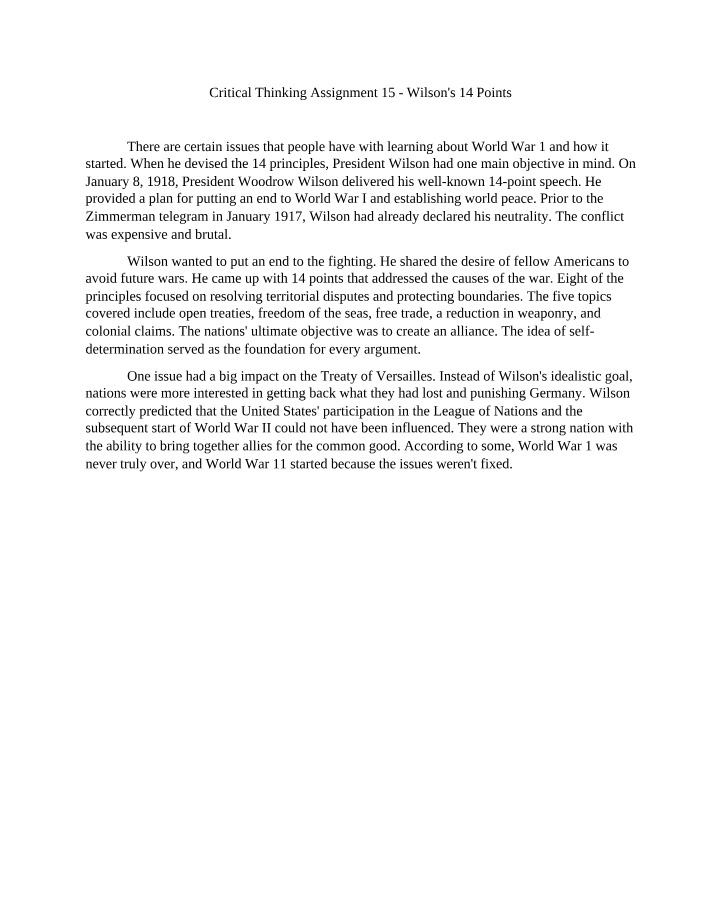 Wilson's 14 Points - Critical Thinking Assignment 15