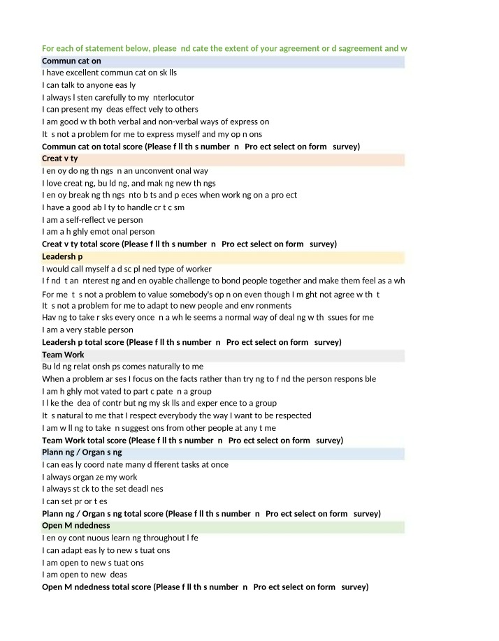 Assessment of Communication, Creativity, Leadership, Teamwork, and Personal Skills