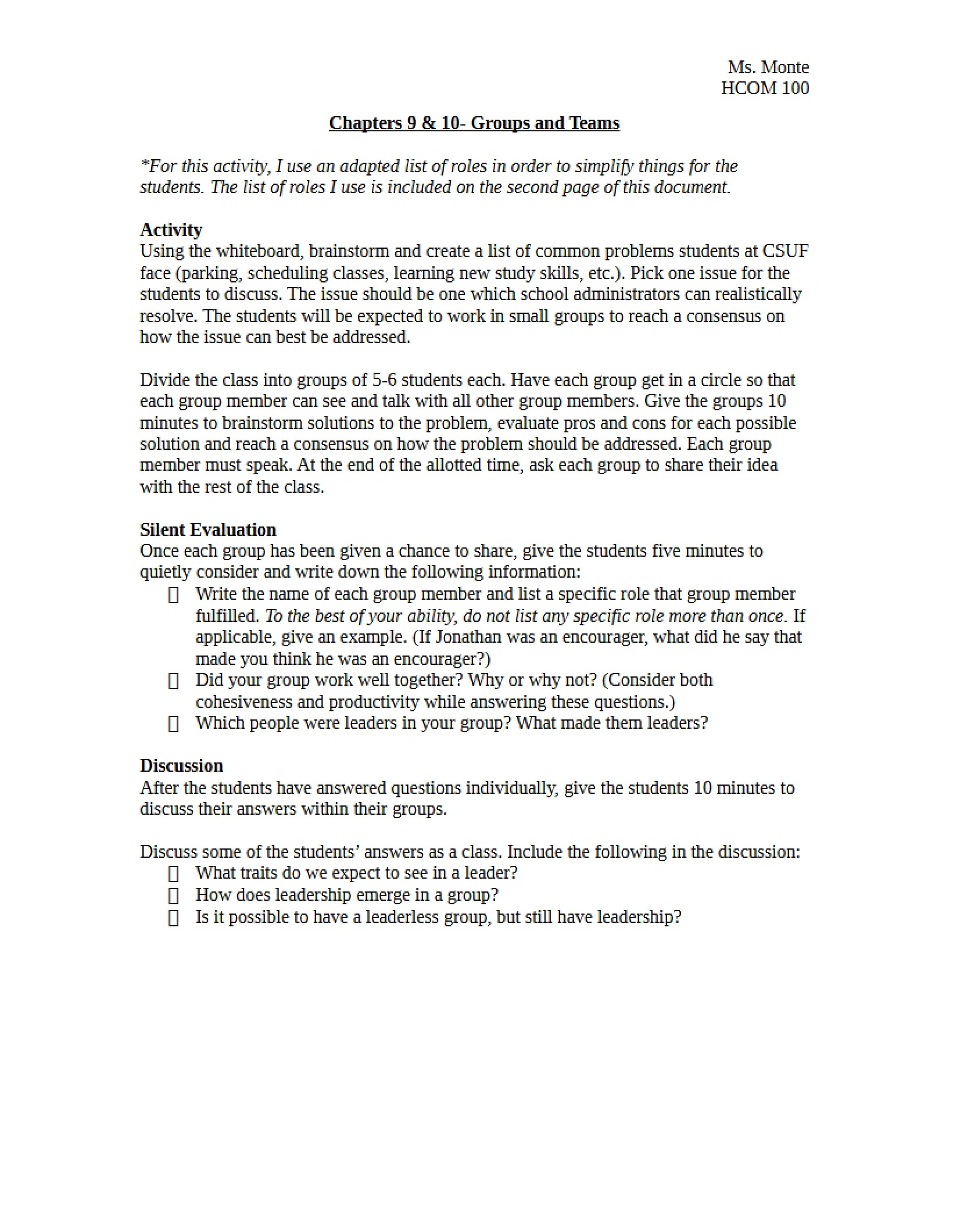 Teams and Groups (Ch. 9-10)