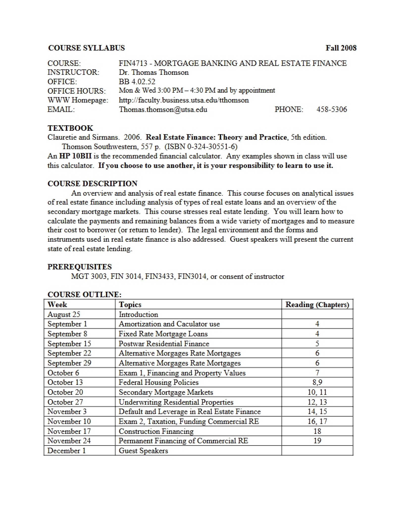 Course Syllabus for Real Estate Finance