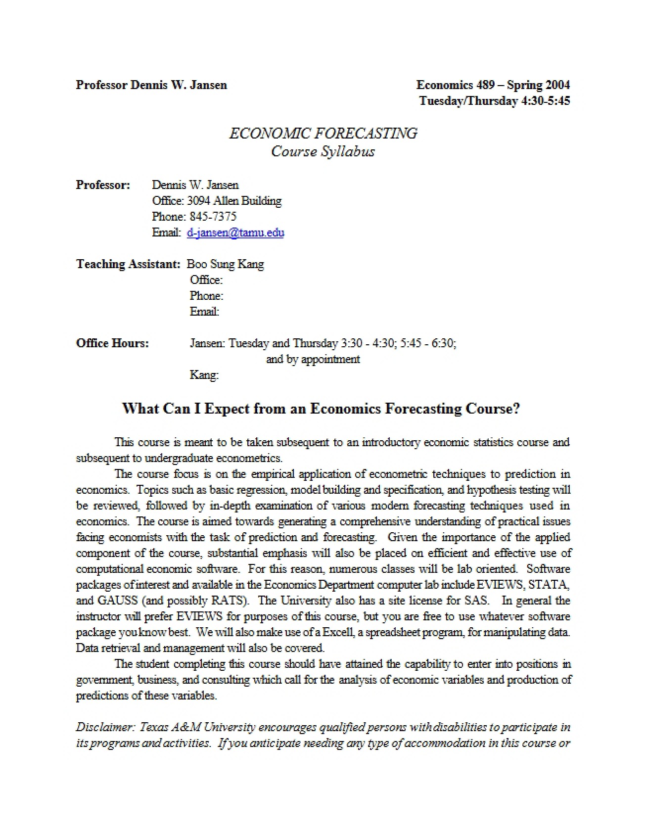 Syllabus for a Course on Special Topics