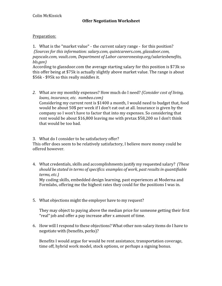 Worksheet for Offer Negotiation