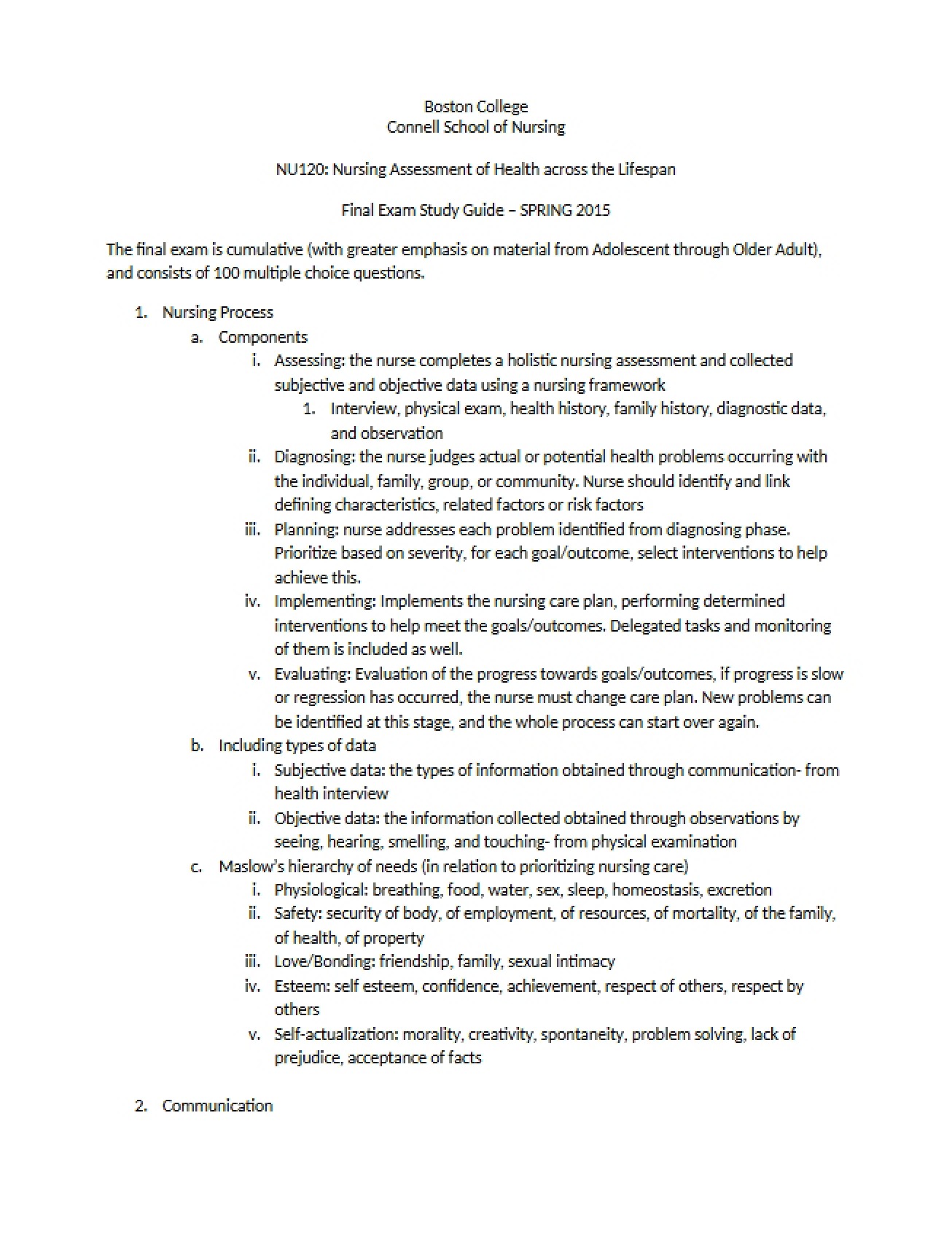 Final Examination for Nursing Health Assessment