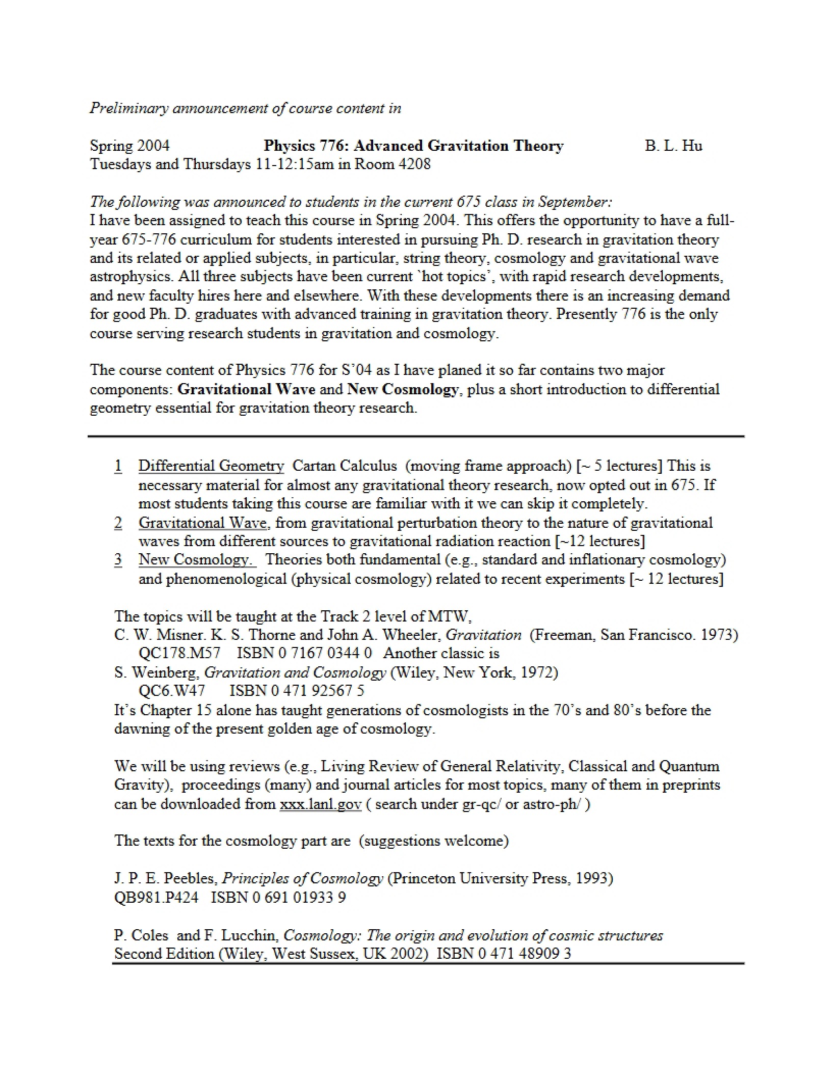Advanced Gravitation Syllabus