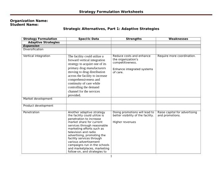 Strategic Alternatives Worksheet - Adaptive, Marketing, and Competitive