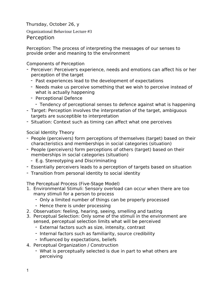 Organizational Behaviour - Perception