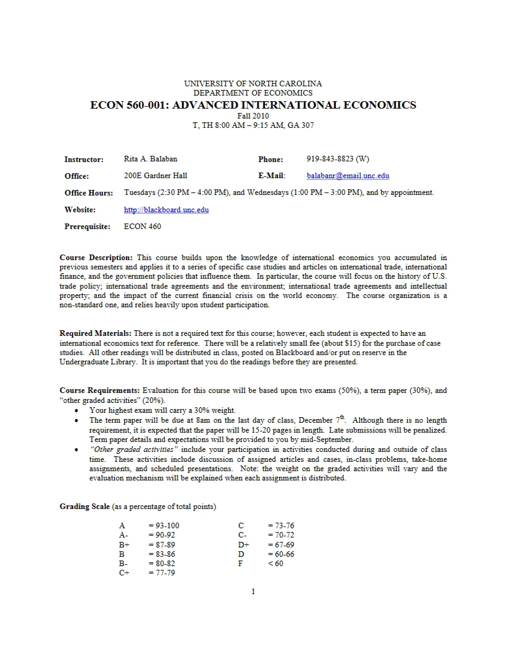 Syllabus for Advanced International Economics