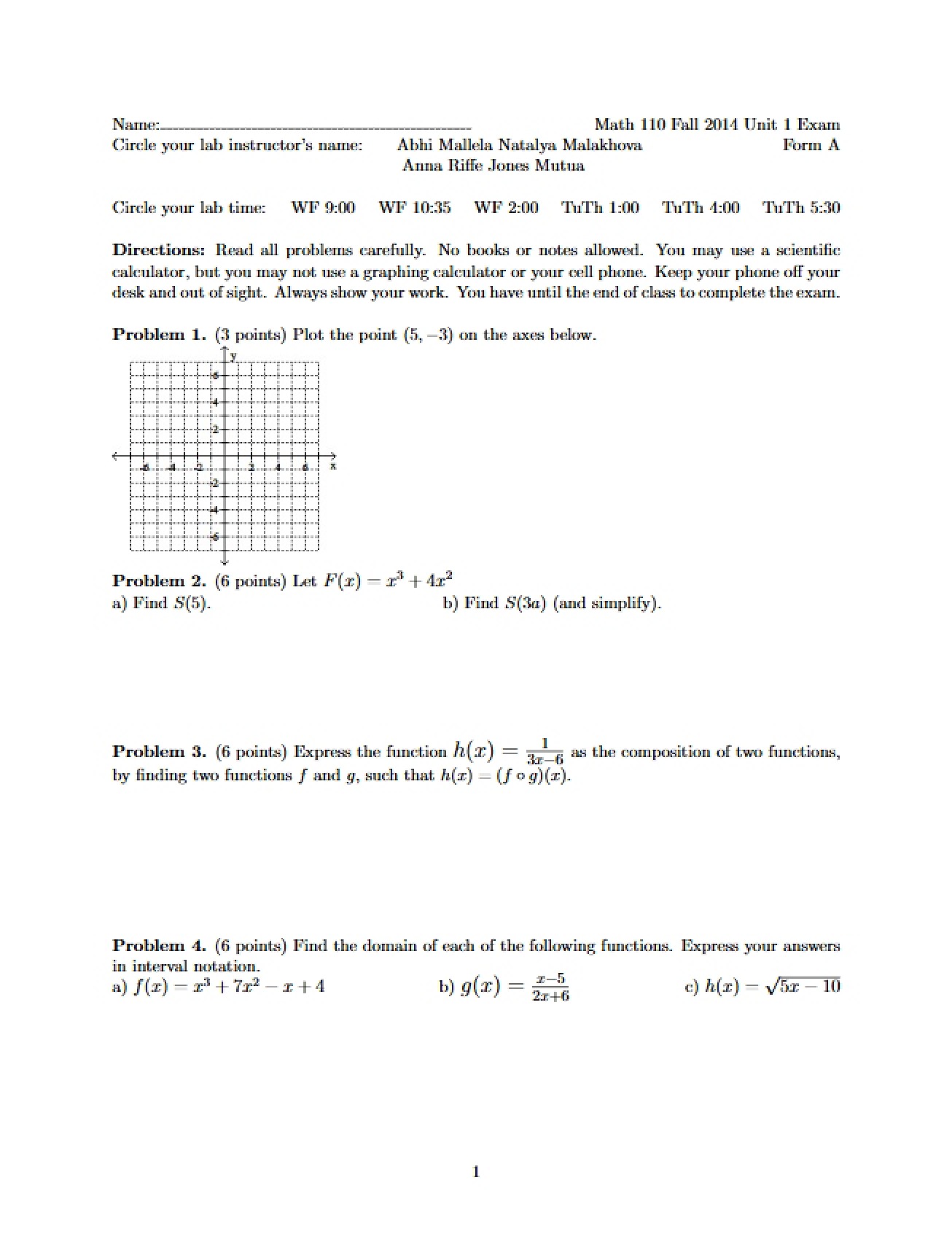 College Algebra - Unit 1 Exam A - Fall 2014