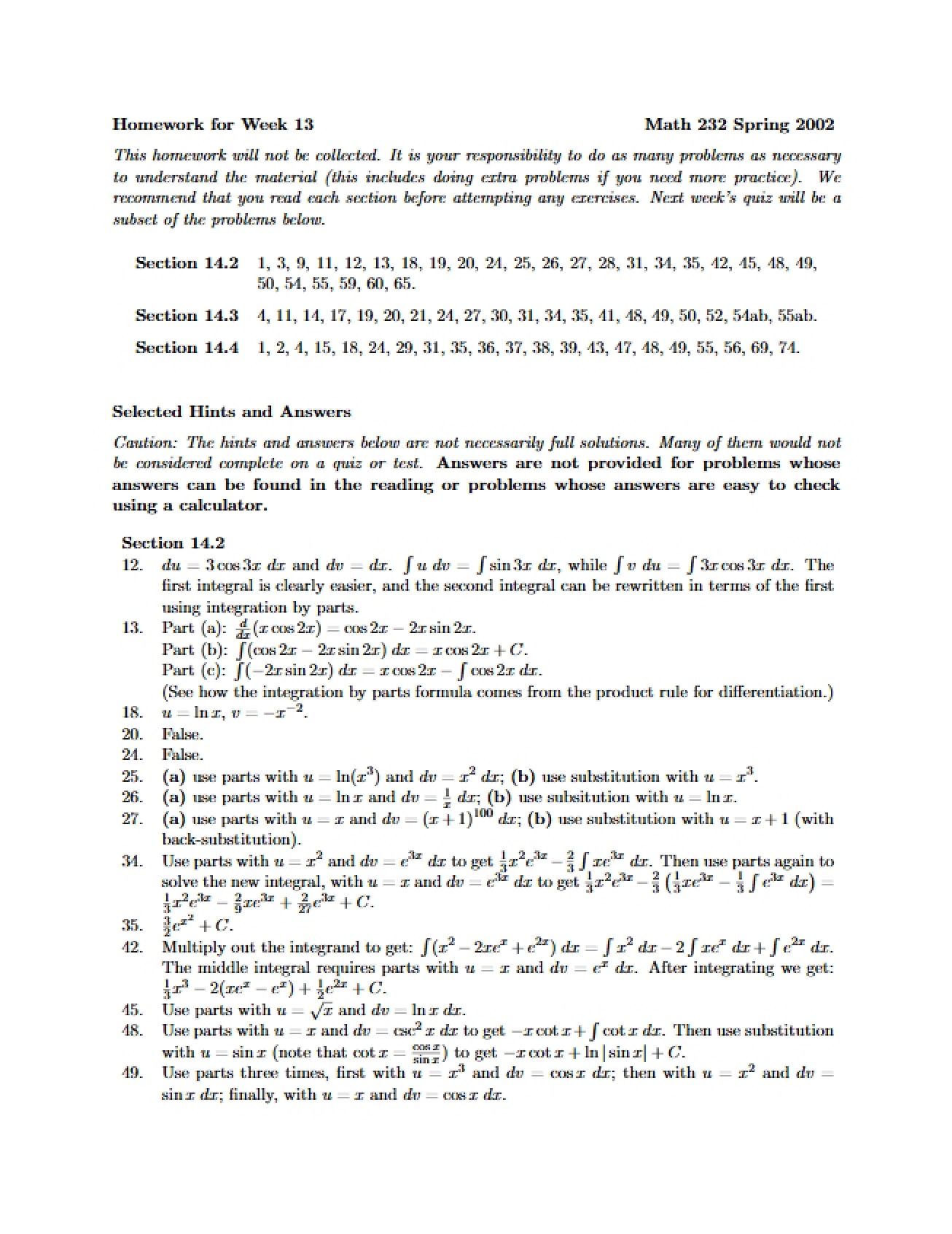 Homework for the Thirteenth Week of a Calculus Course