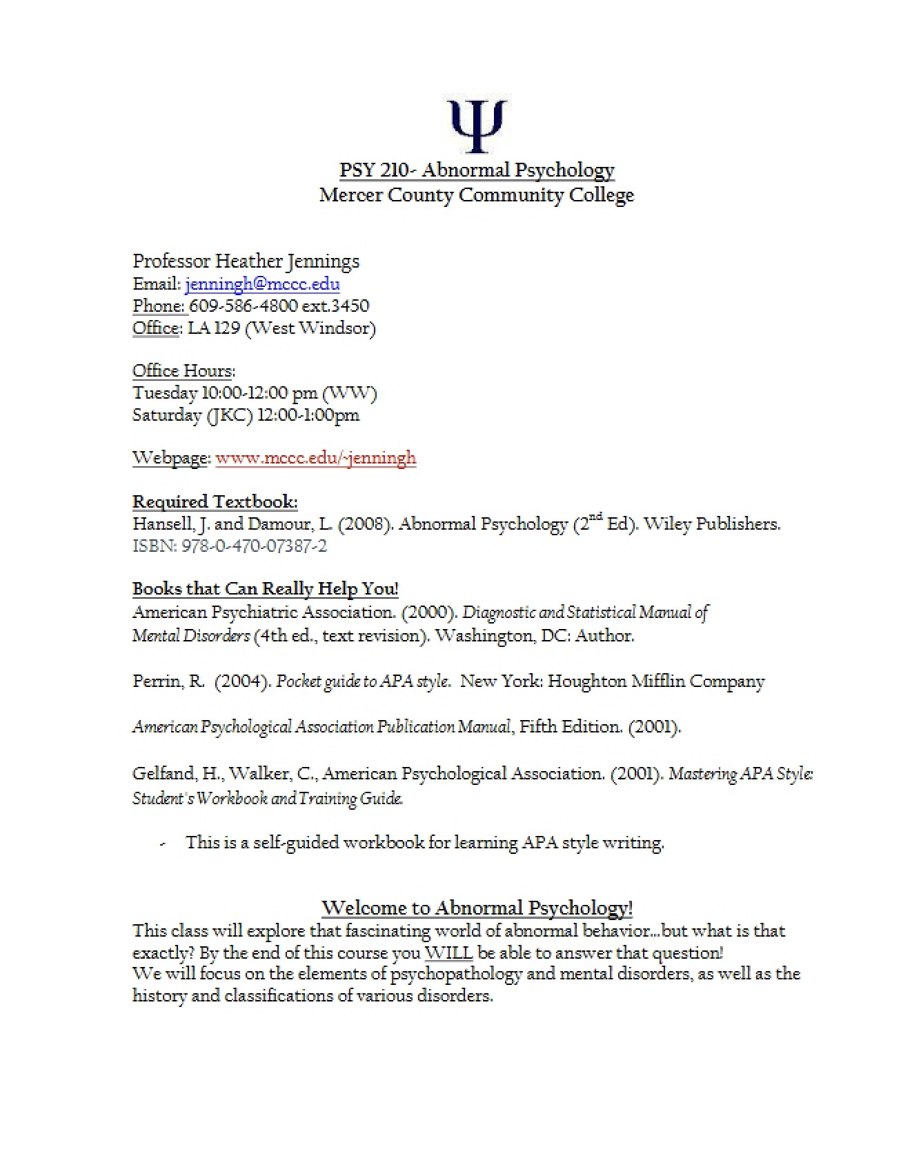 Abnormal Psychology Course Syllabus