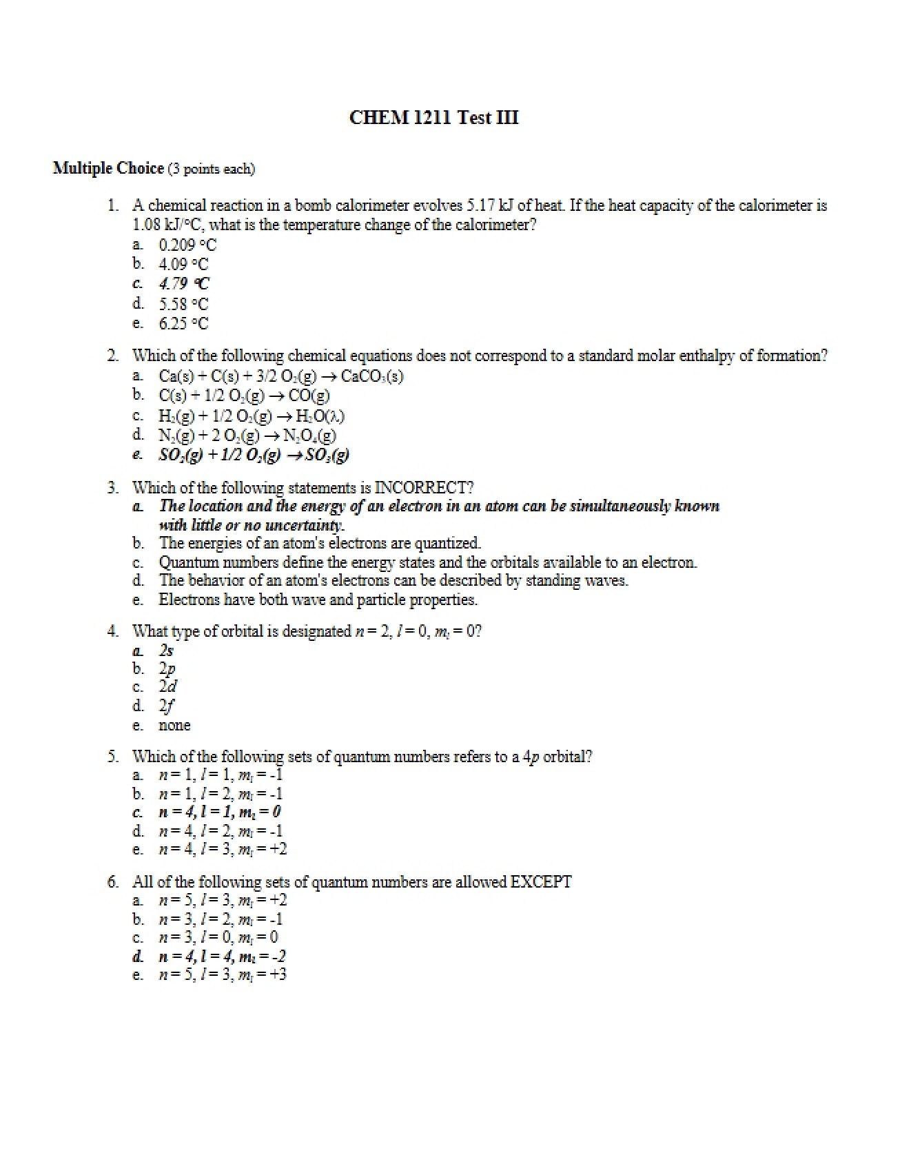 Test Three for CHEM 1211