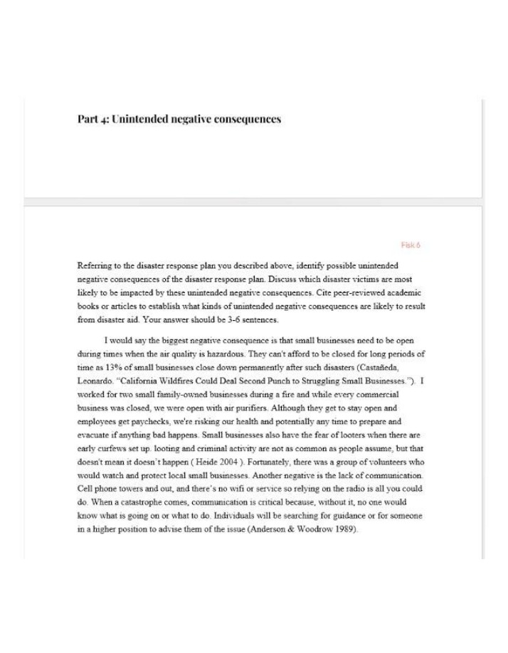 Disaster Response Plans - Unintended Negative Consequences