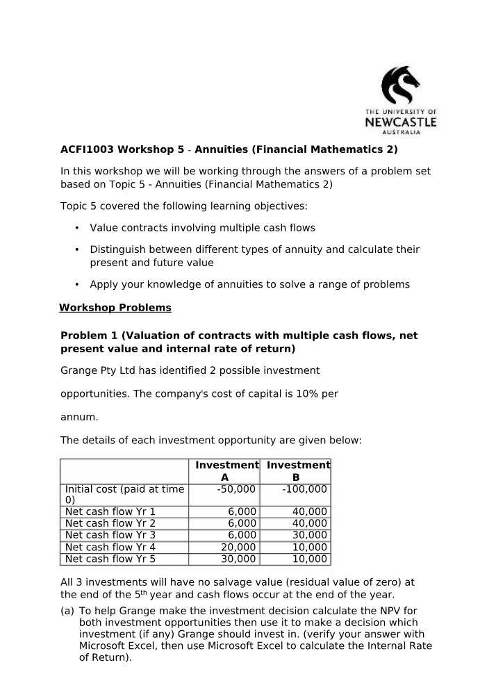 Workshop 5 - Annuities and Financial Mathematics 2