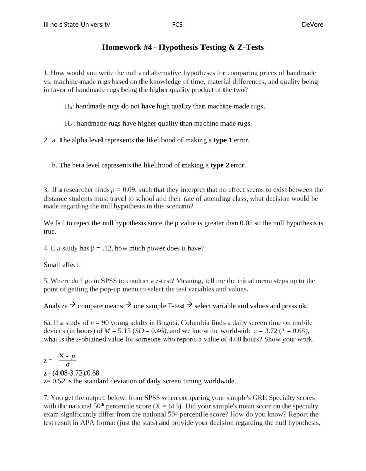 Hypothesis Testing and Z-Tests - Homework 4